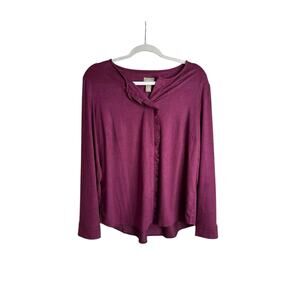 Chico’s Plum Purple Faux Suede Ruffle Button Shirt Long Sleeve Top Size 1 Medium